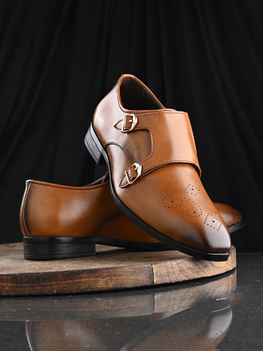 

House of Pataudi Men Textured Formal Double Monk Shoes, Tan