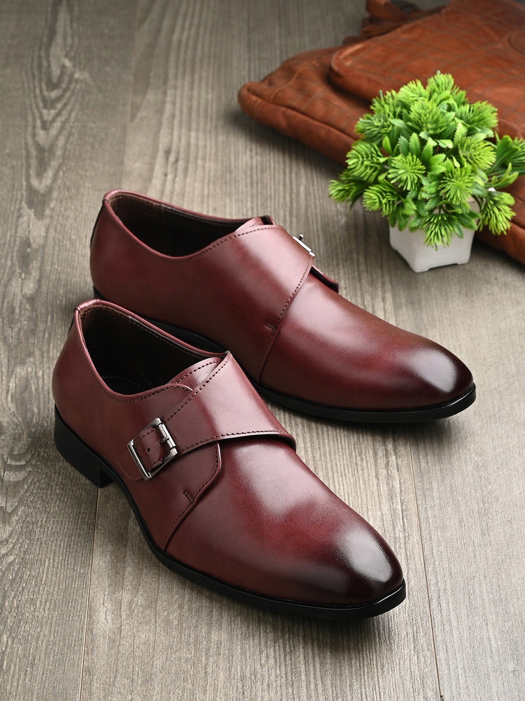 

House of Pataudi Men Formal Monk Shoes With Buckle Detail, Maroon