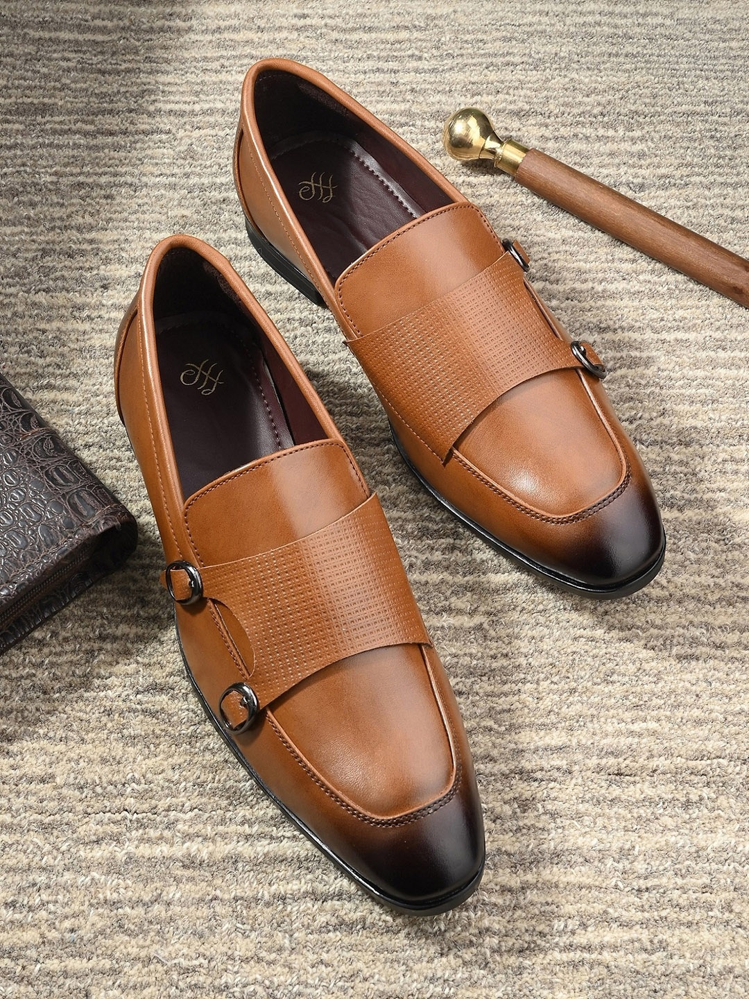 

House of Pataudi Men Textured Formal Double Monk Shoes With Buckle Detail, Tan