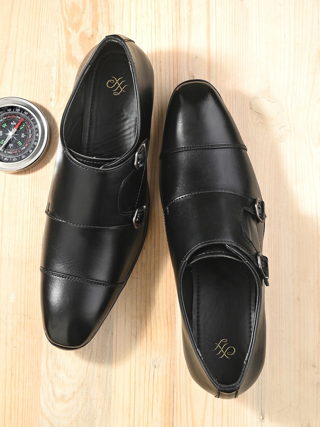 

House of Pataudi Men Buckled Formal Monk Shoes, Black