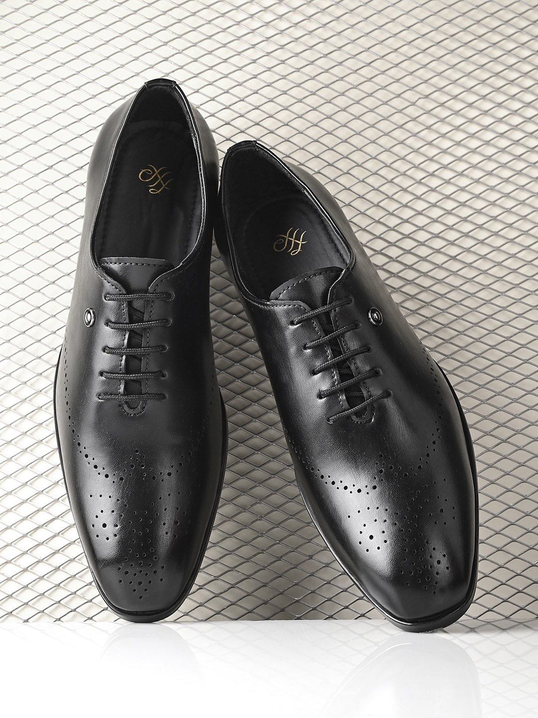 

House of Pataudi Men Perforated Formal Oxfords, Black