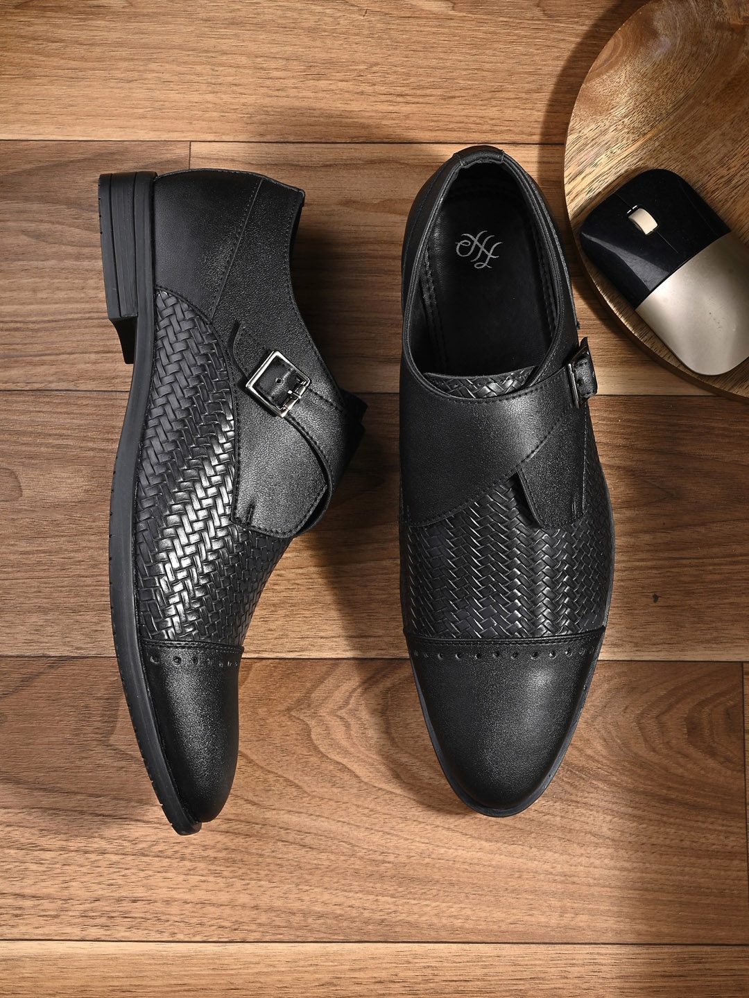 

House of Pataudi Men Textured Formal Monk Shoes, Black