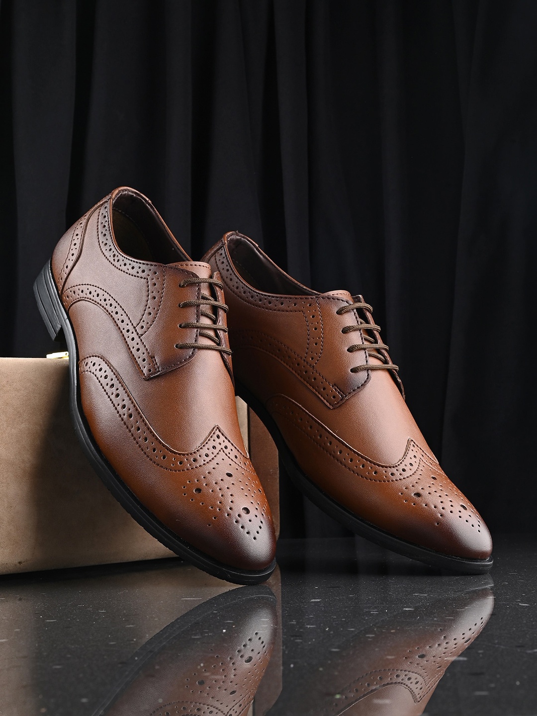 

House of Pataudi Men Perforated Formal Brogues, Tan