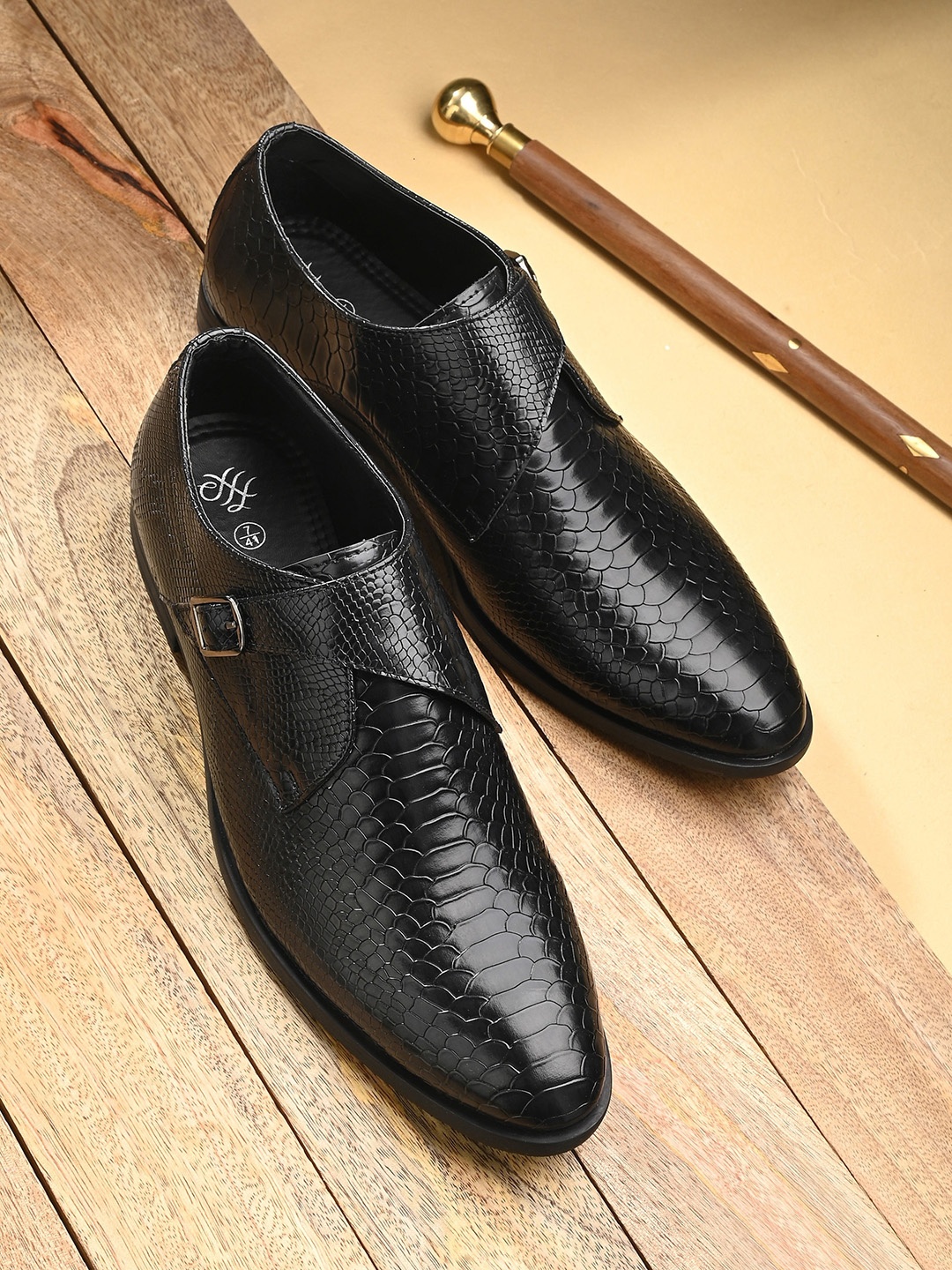 

House of Pataudi Men Textured Formal Monk Shoes, Black