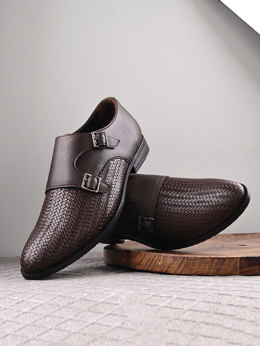 

House of Pataudi Men Textured Formal Double Monk Shoes With Buckle Detail, Brown