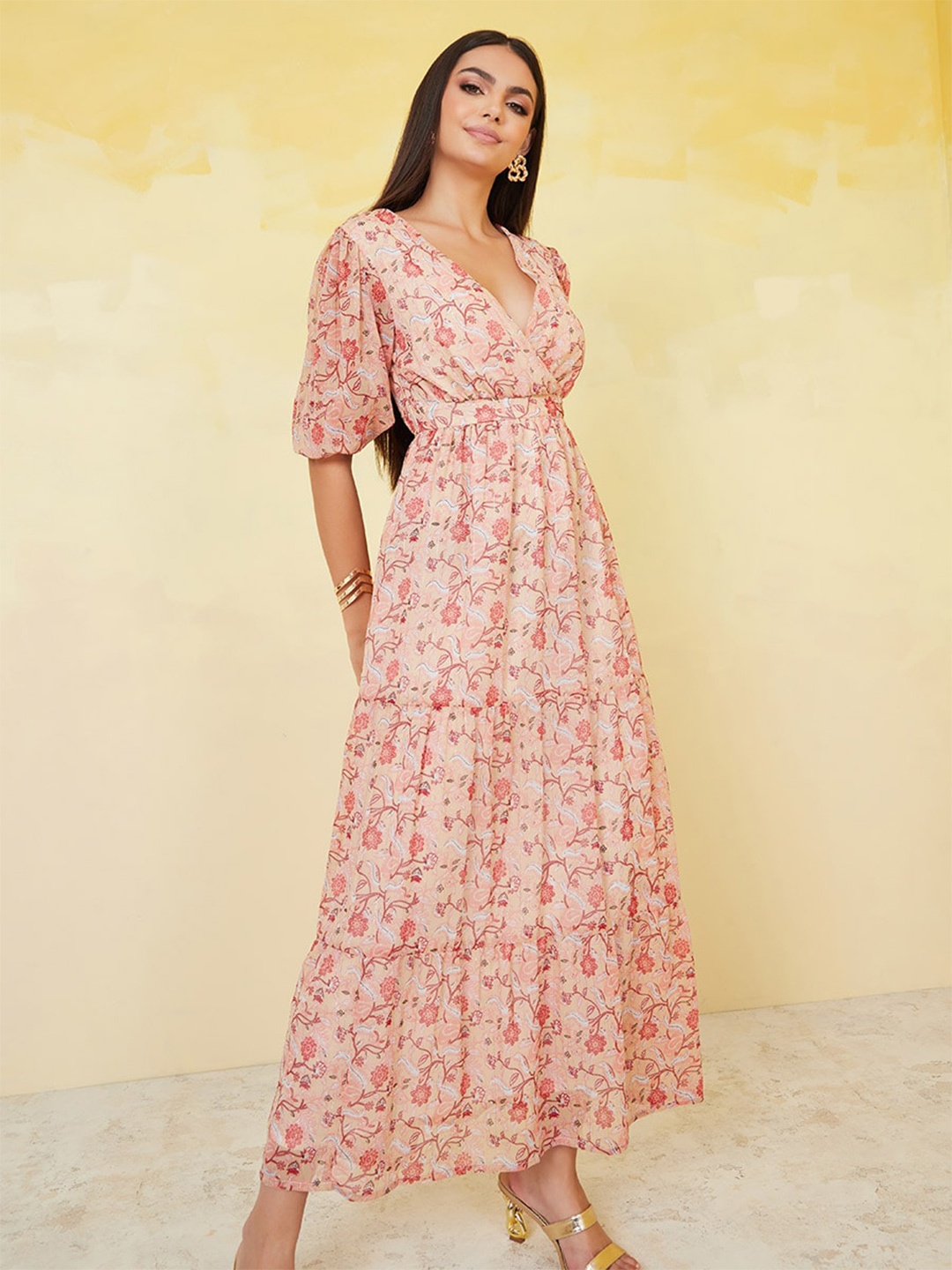 

Styli Floral Printed V- Neck Puff Sleeve Tiered Maxi Dress, Peach