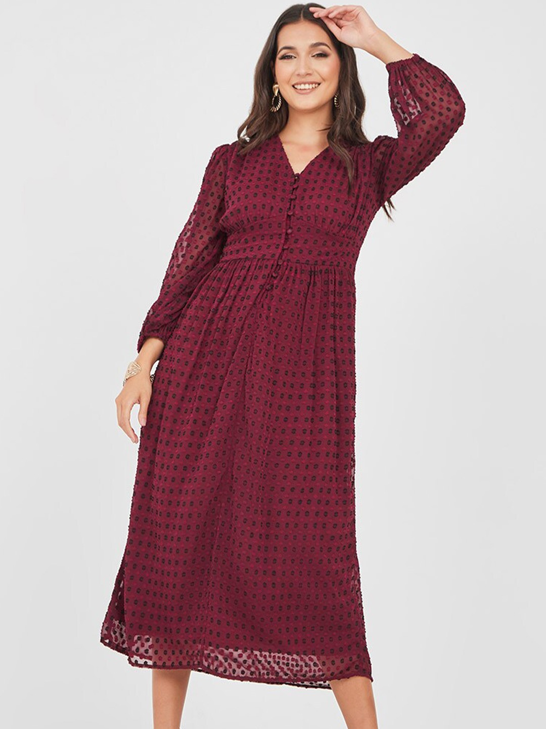 

Styli Polka Dots Dobby Self Design V- Neck Puff Sleeve Midi A-Line Dress, Burgundy