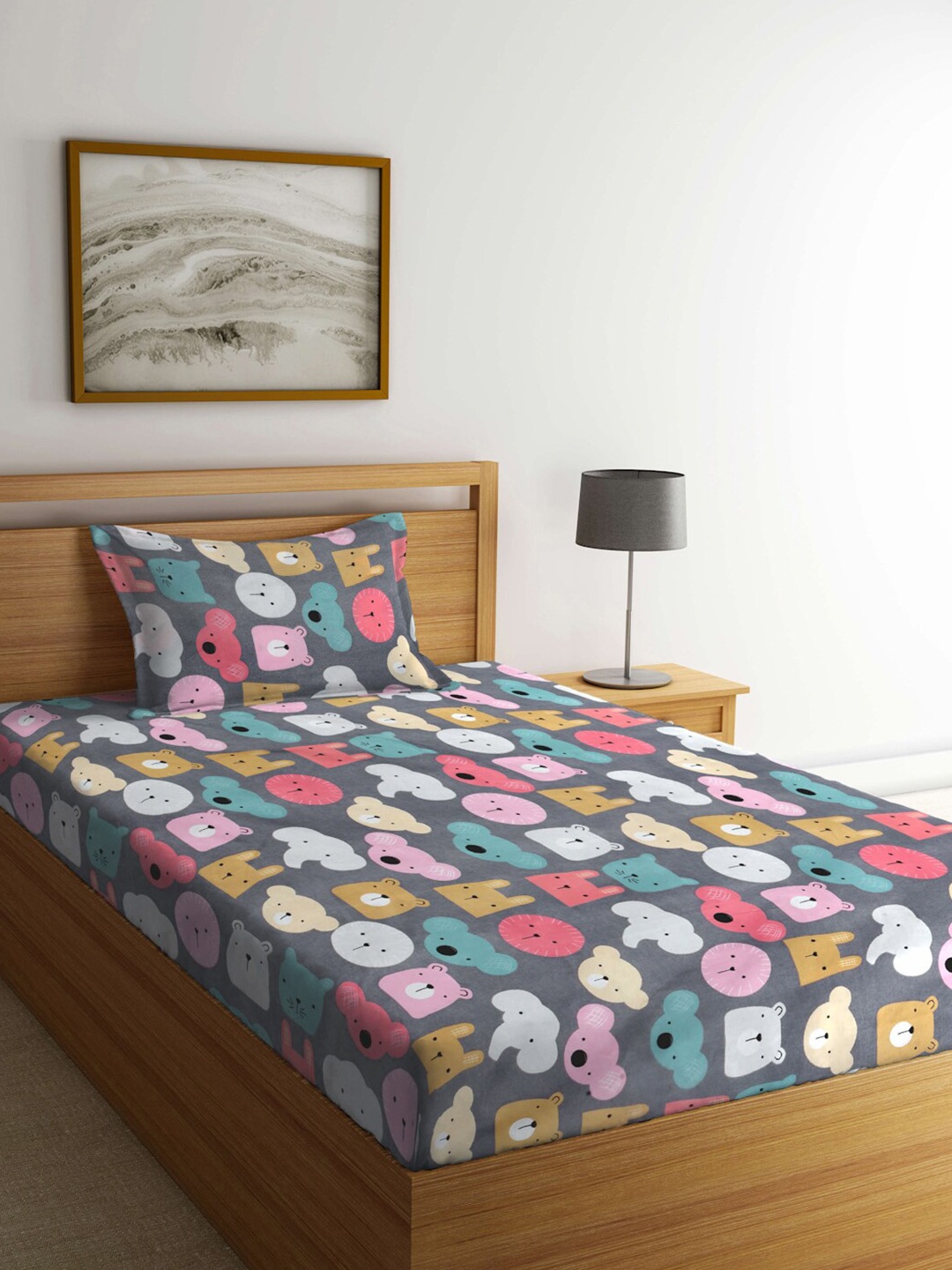 

FABINALIV Multicolor Cartoon Print 300 TC Cotton Blend Single Bedsheet with Pillow Cover, Grey