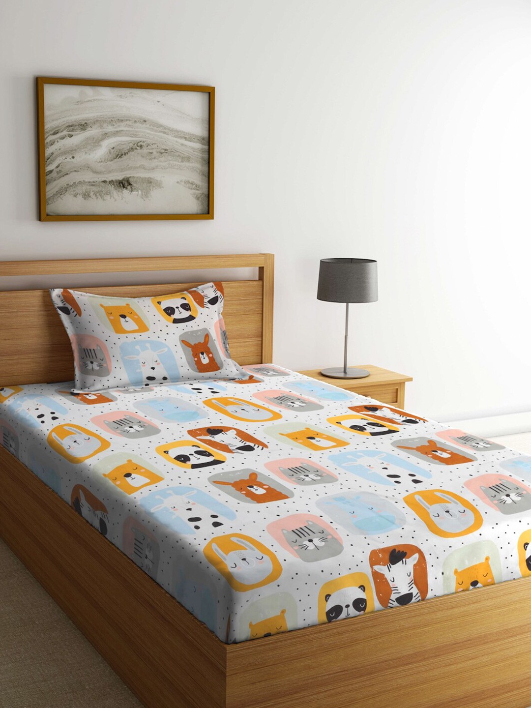 

FABINALIV White & Yellow Cartoon Characters Printed 300 TC Single Bedsheet & Pillow Cover