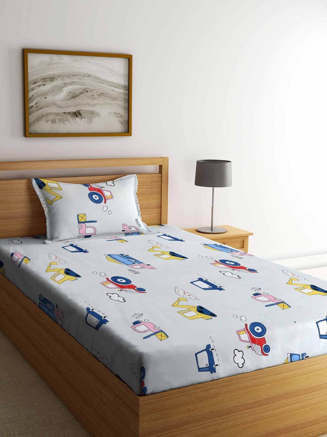 

FABINALIV White & Red Cartoon Characters Printed 300 TC Single Bedsheet & Pillow Cover