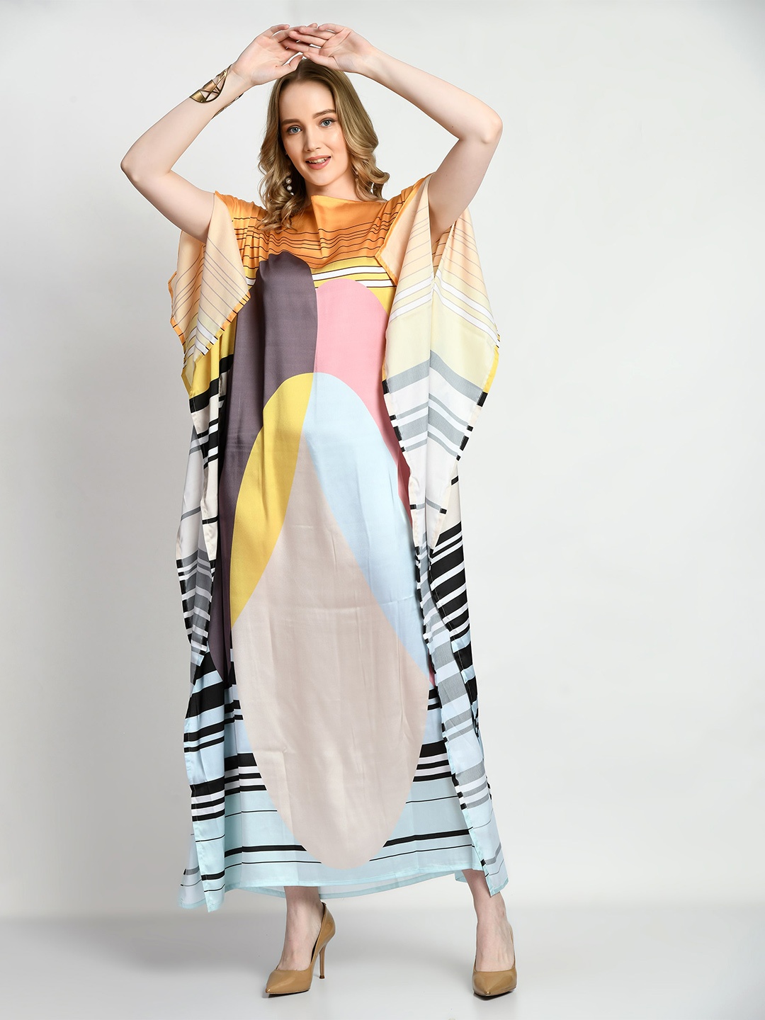 

Navvi Graphic Printed Round Neck Extended Sleeves Satin Kaftan Dress, Yellow