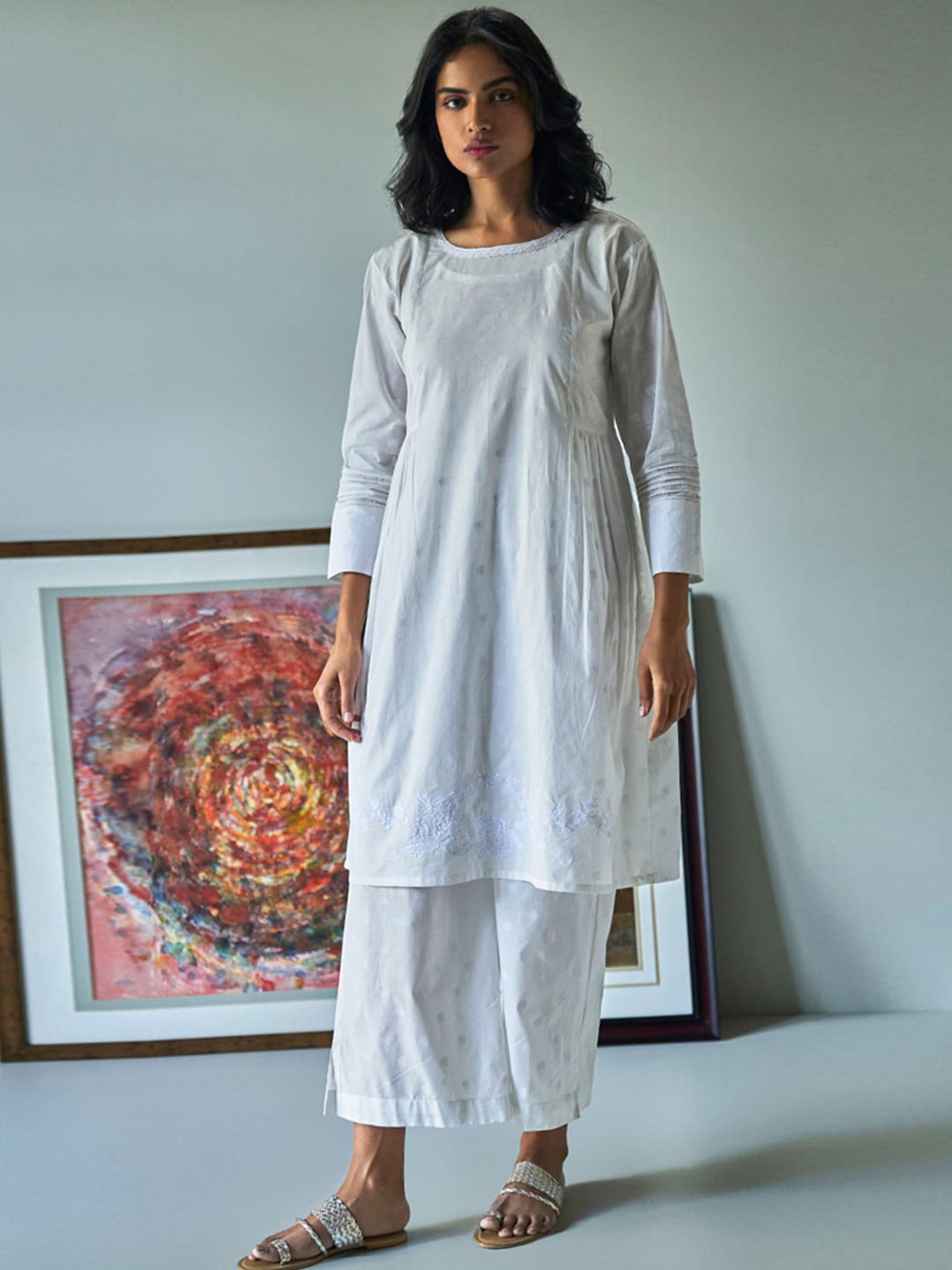 

Ganga Floral Printed Thread Work Pure Cotton Kurta With Palazzos, White