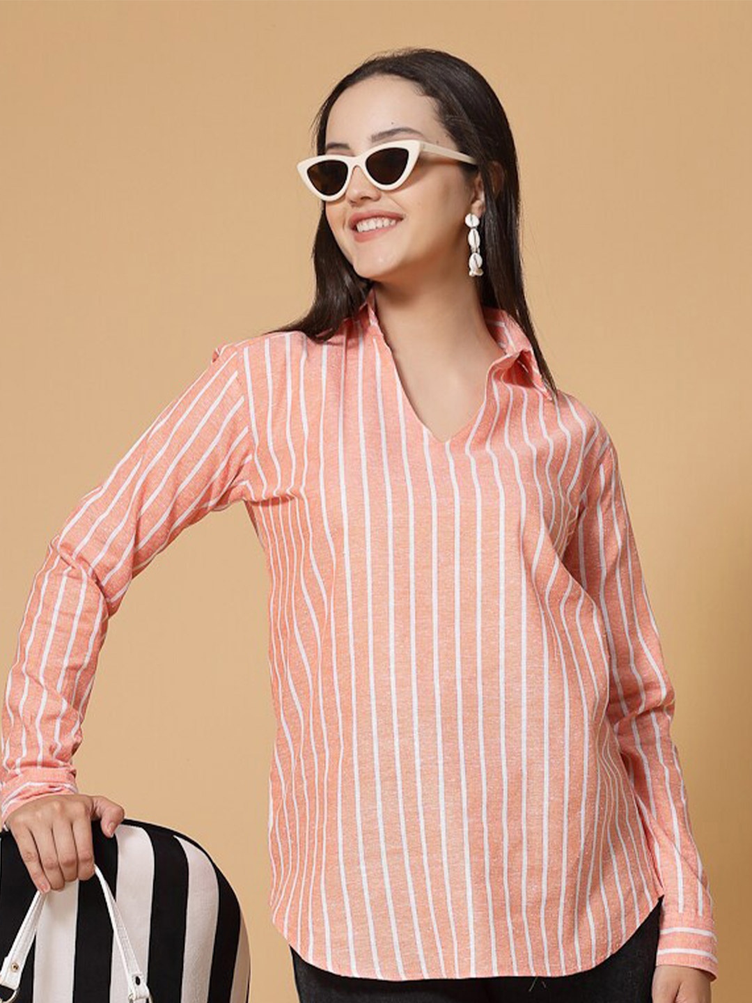 

KALINI Vertical Striped Shirt Collar Cuffed Sleeves Cotton Top, Coral