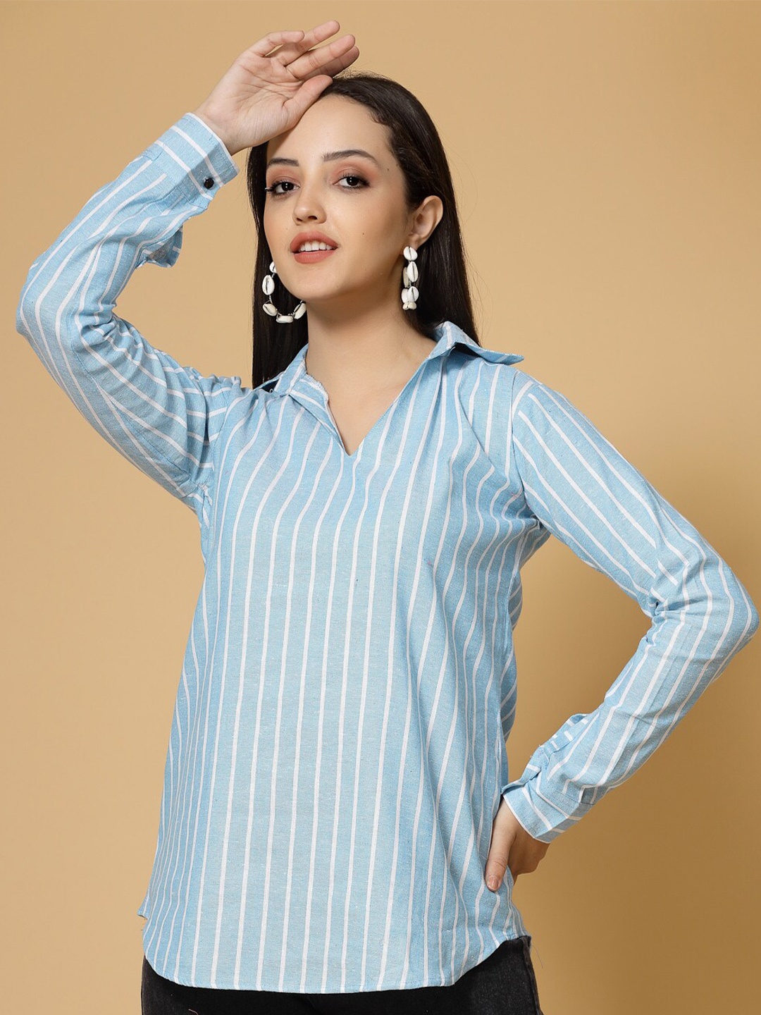 

KALINI Striped Shirt Collar Shirt Style Cotton Top, Blue