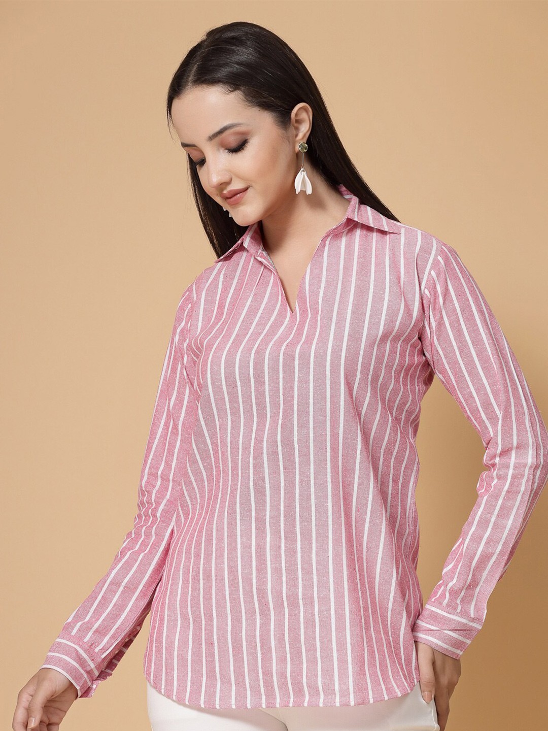 

KALINI Striped Shirt Collar Shirt Style Cotton Top, Pink
