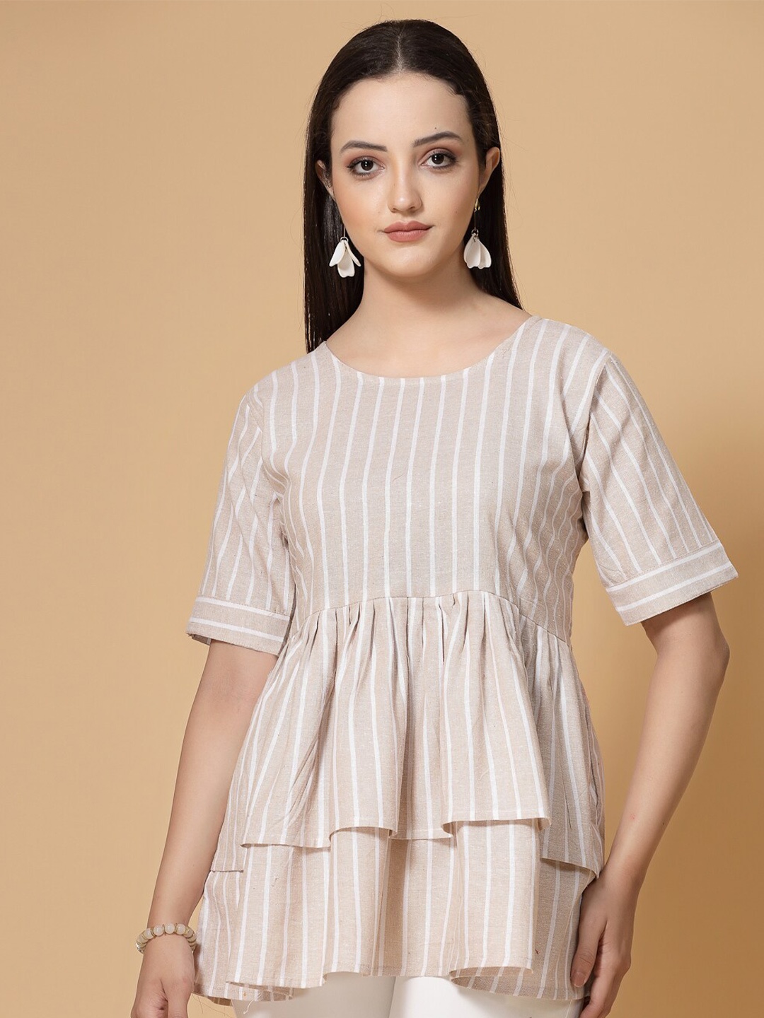 

KALINI Vertical Striped Round Neck Peplum Cotton Top, Beige