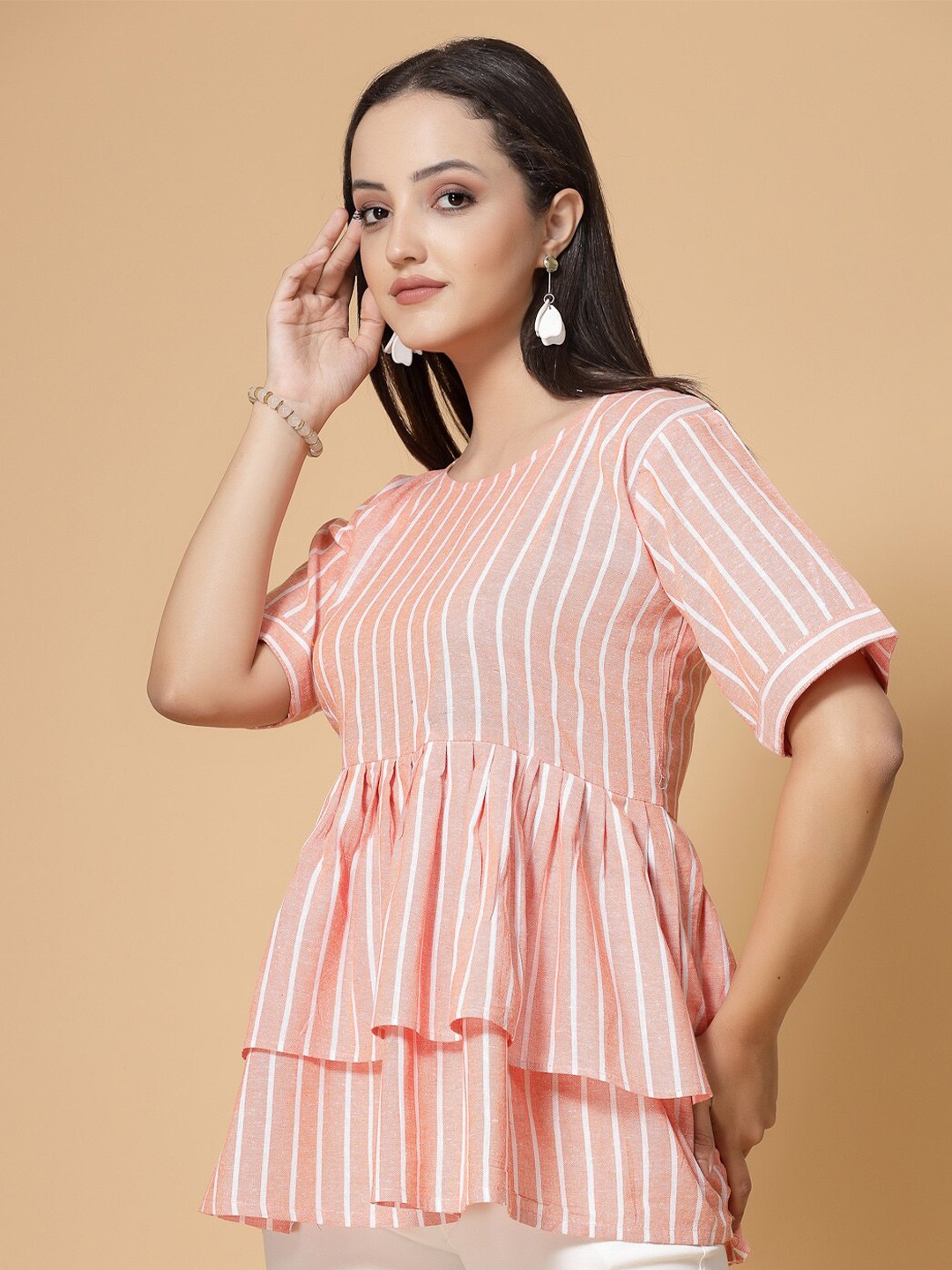 

KALINI Striped Peplum Cotton Top, Orange