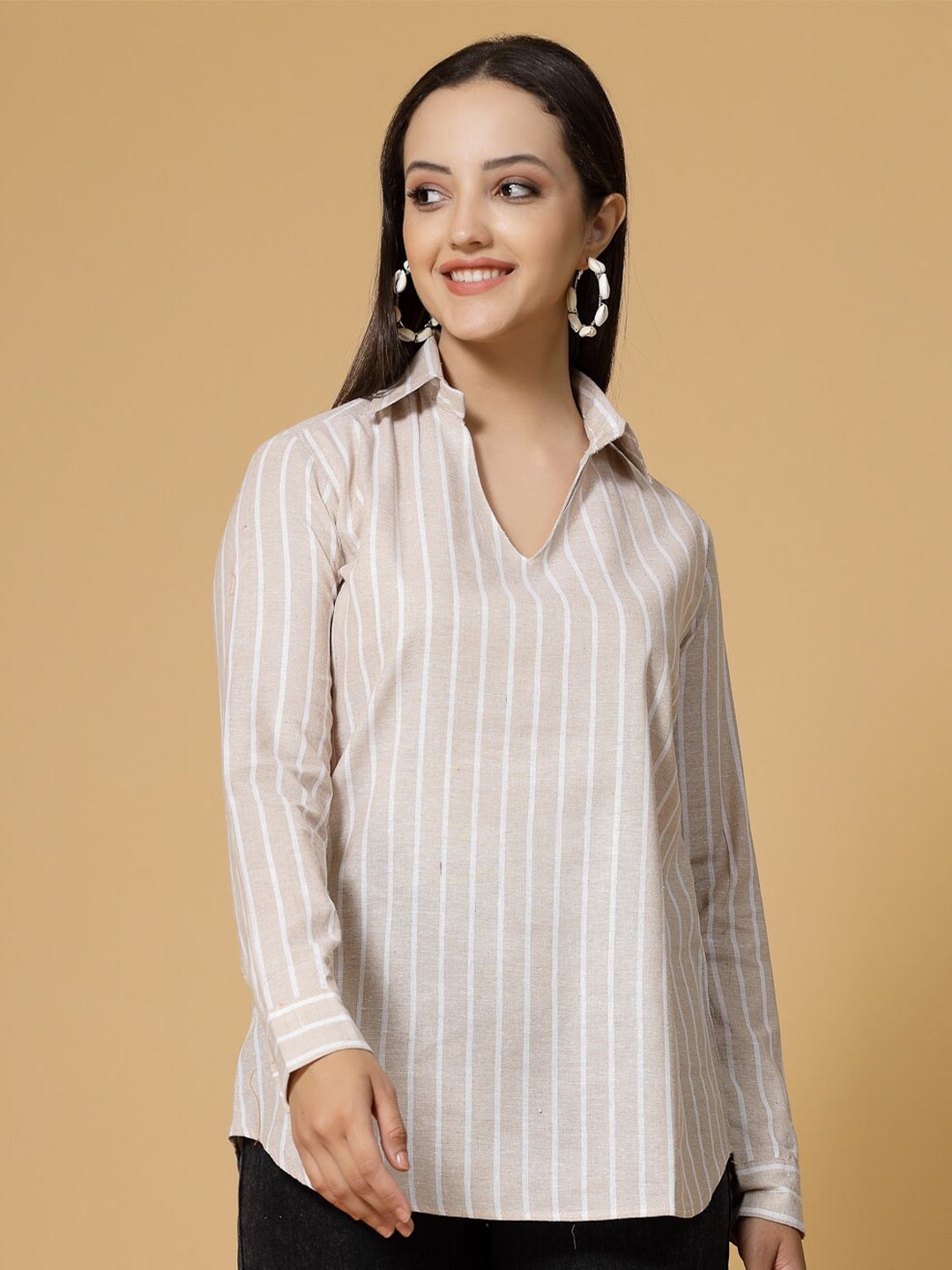 

KALINI Striped Shirt Collar Shirt Style Cotton Top, Cream