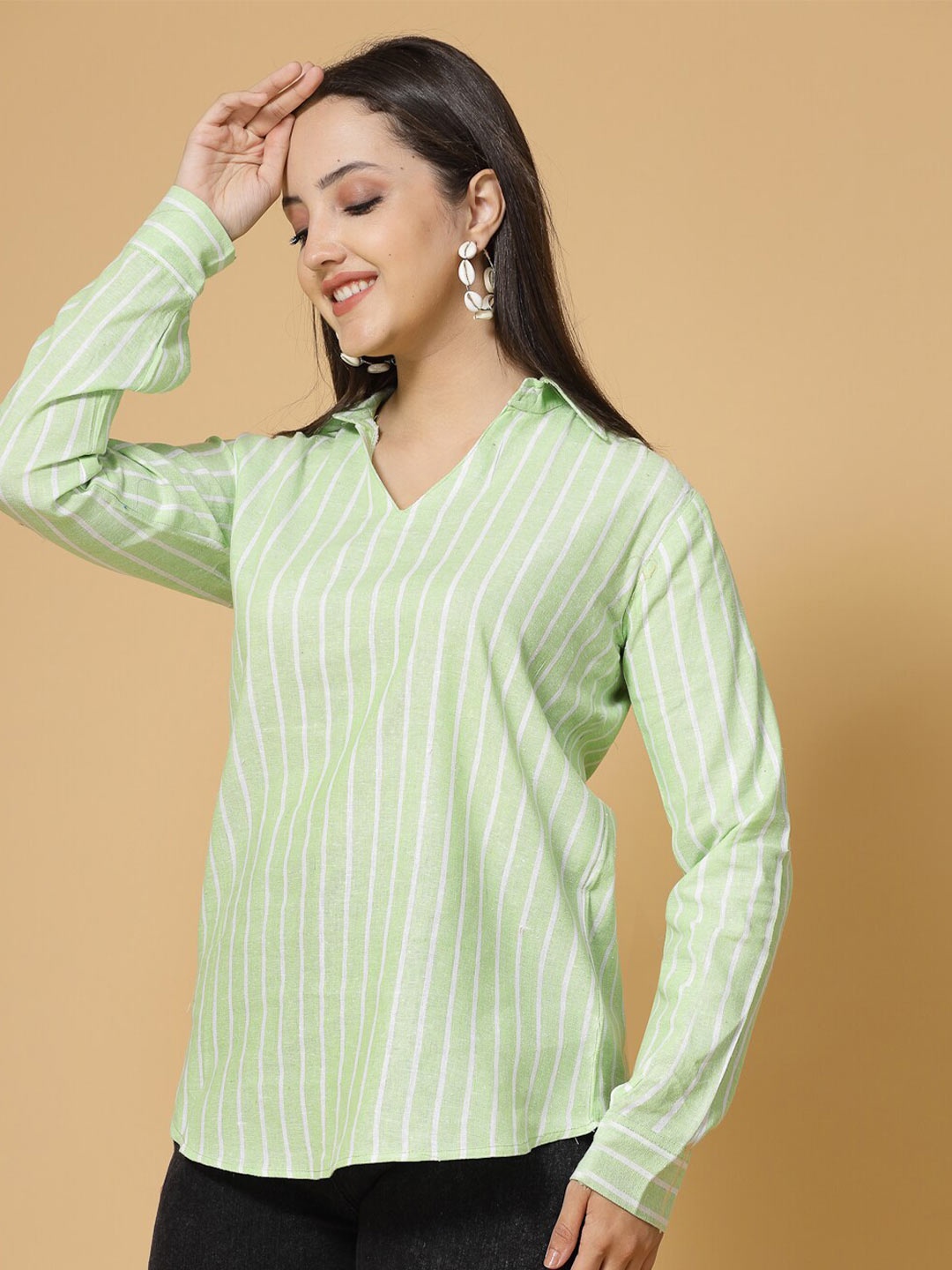 

KALINI Vertical Striped Shirt Collar Cuffed Sleeves Cotton Top, Green