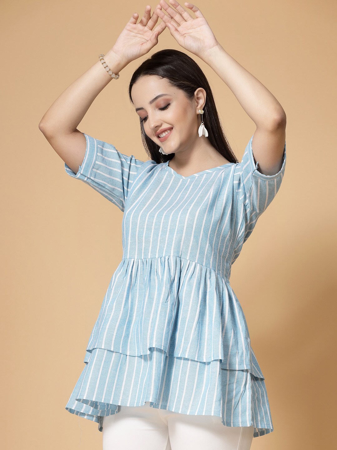 

KALINI Striped Peplum Cotton Top, Blue