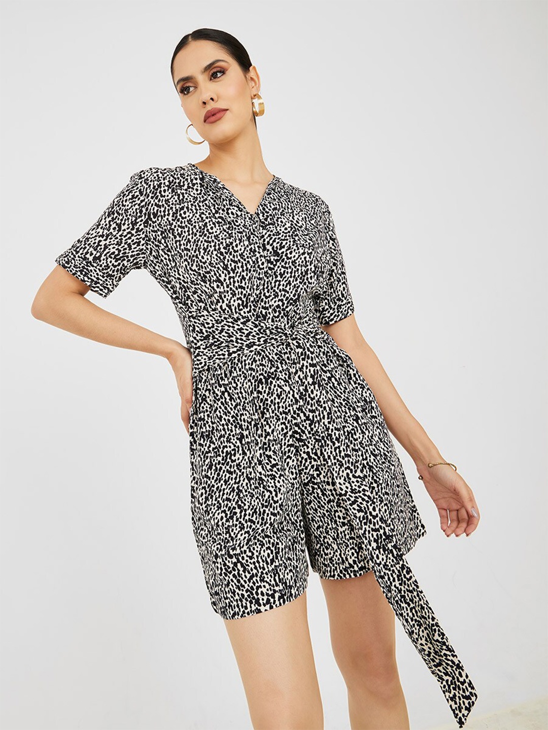 

Styli Animal Printed Playsuit With Tie Waist- Ups, Black