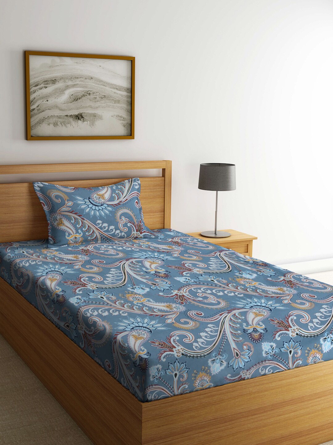 FABINALIV Grey & Yellow Ethnic Moifs 300 TC Single Bedsheet with 1 Pillow Cover