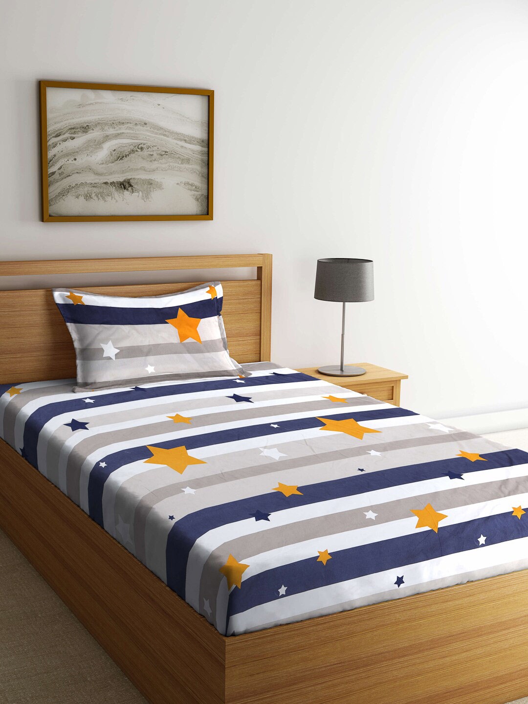 

FABINALIV White & Grey Striped 300 TC Single Bedsheet & Pillow Cover