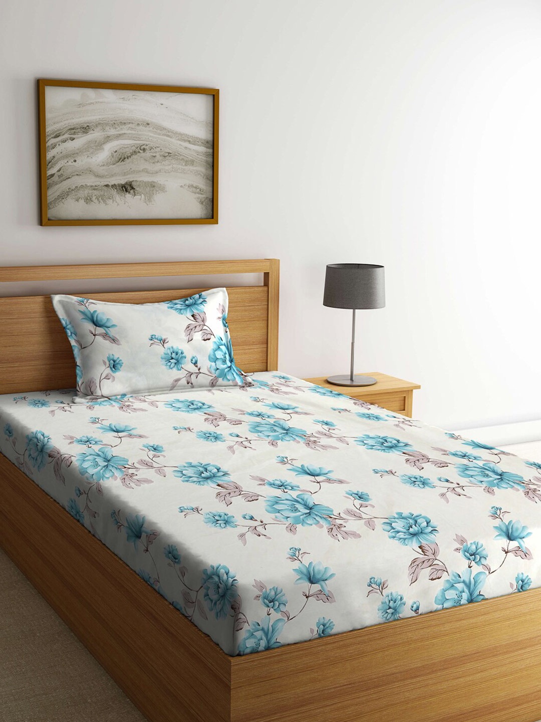 

FABINALIV White & Blue Floral 300 TC Single Bedsheet with 1 Pillow Cover