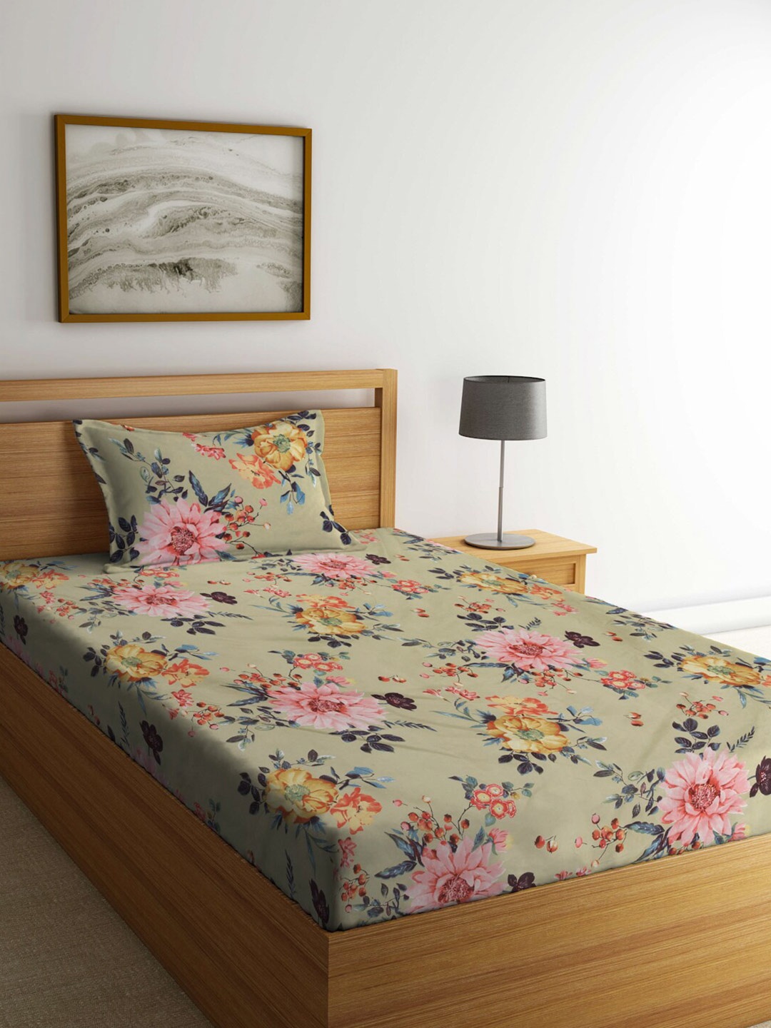 

FABINALIV Olive Green & Pink Floral 300 TC Single Bedsheet with 1 Pillow Cover