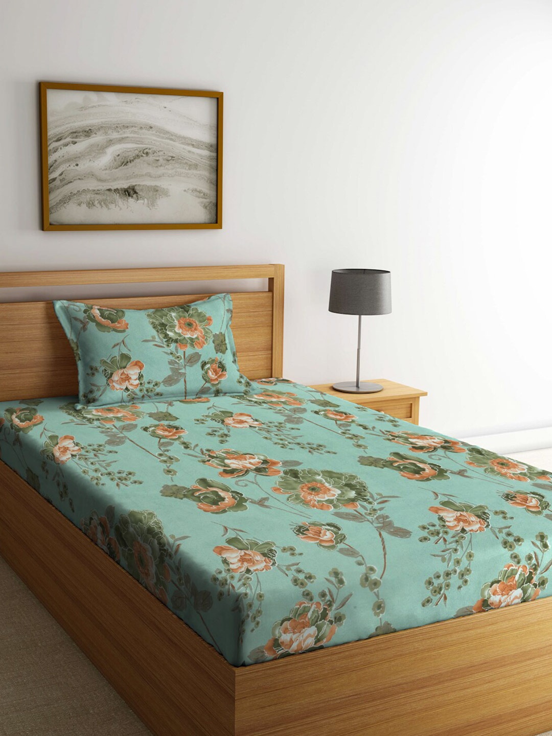 

FABINALIV Green & Orange Floral 300 TC Single Bedsheet with 1 Pillow Cover