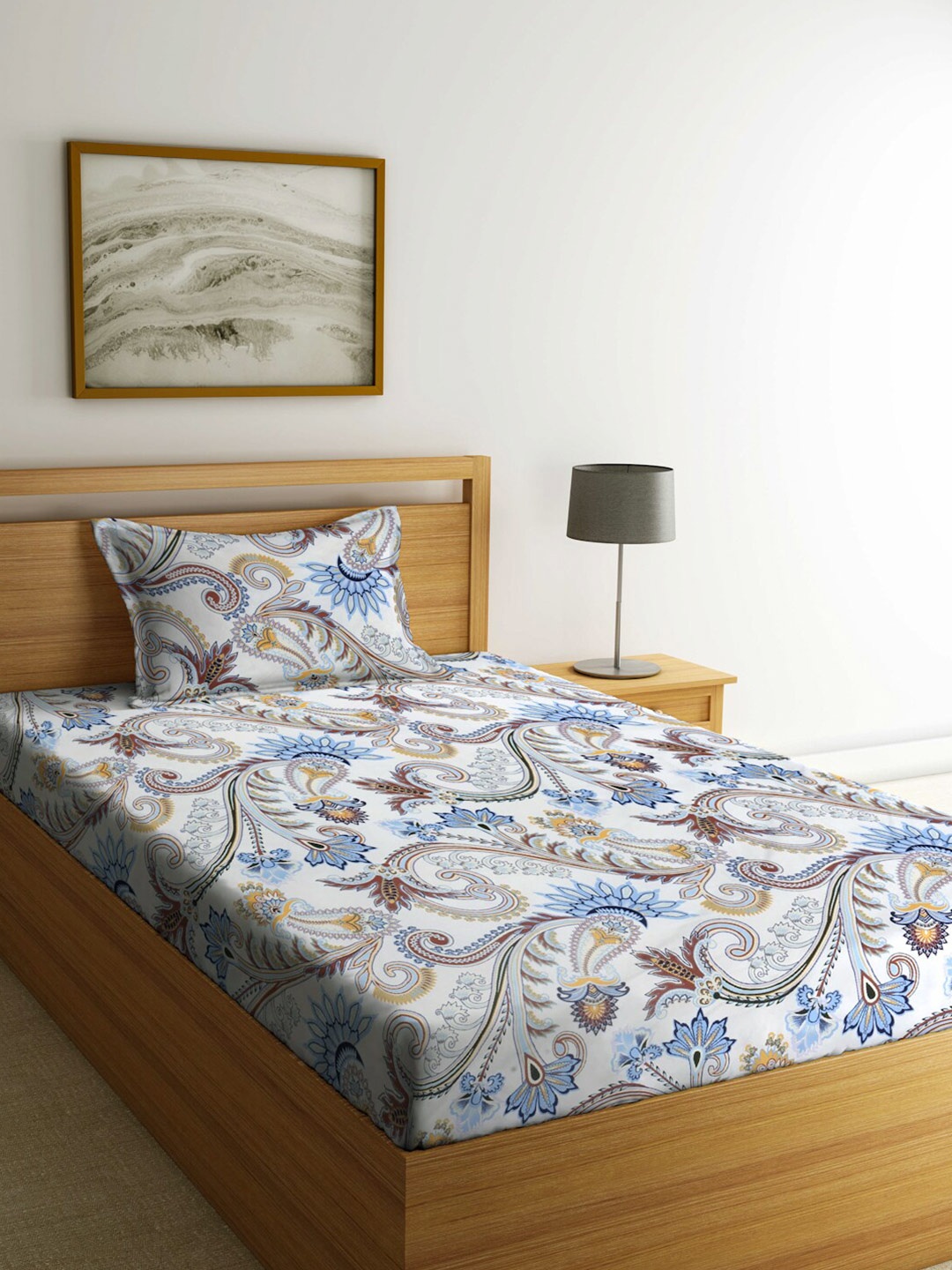 

FABINALIV White & Blue Ethnic Motifs 300 TC Single Bedsheet with 1 Pillow Cover