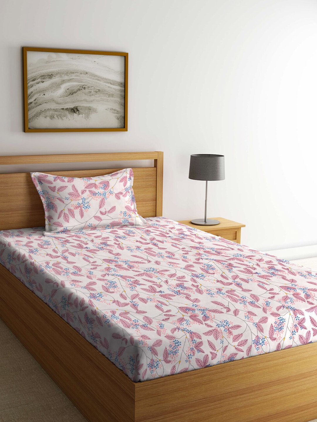 

FABINALIV Pink & Blue Floral Printed 300 TC Single Bedsheet & Pillow Cover
