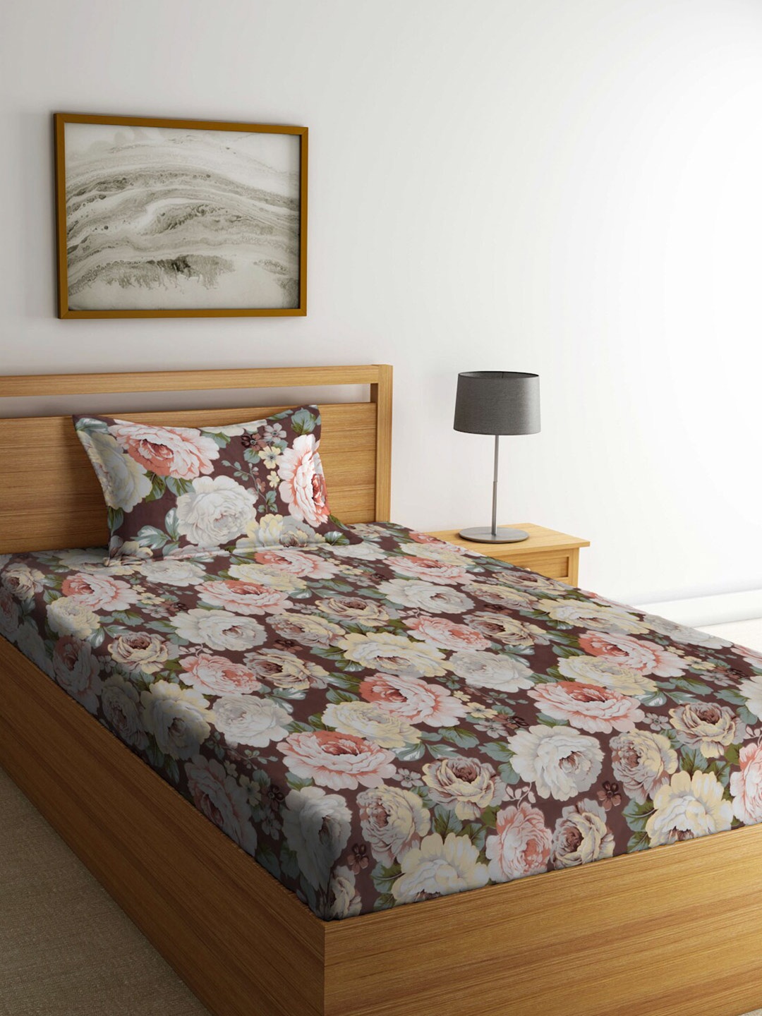 

FABINALIV Brown & White Floral Printed 300 TC Single Bedsheet & Pillow Cover