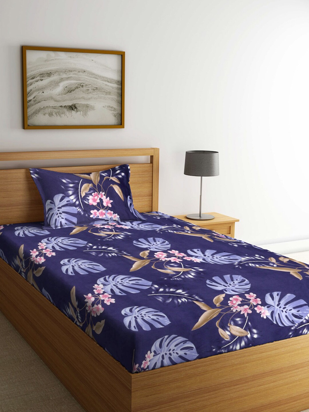 

FABINALIV Navy Blue & Pink Floral Printed 300 TC Single Bedsheet & Pillow Cover