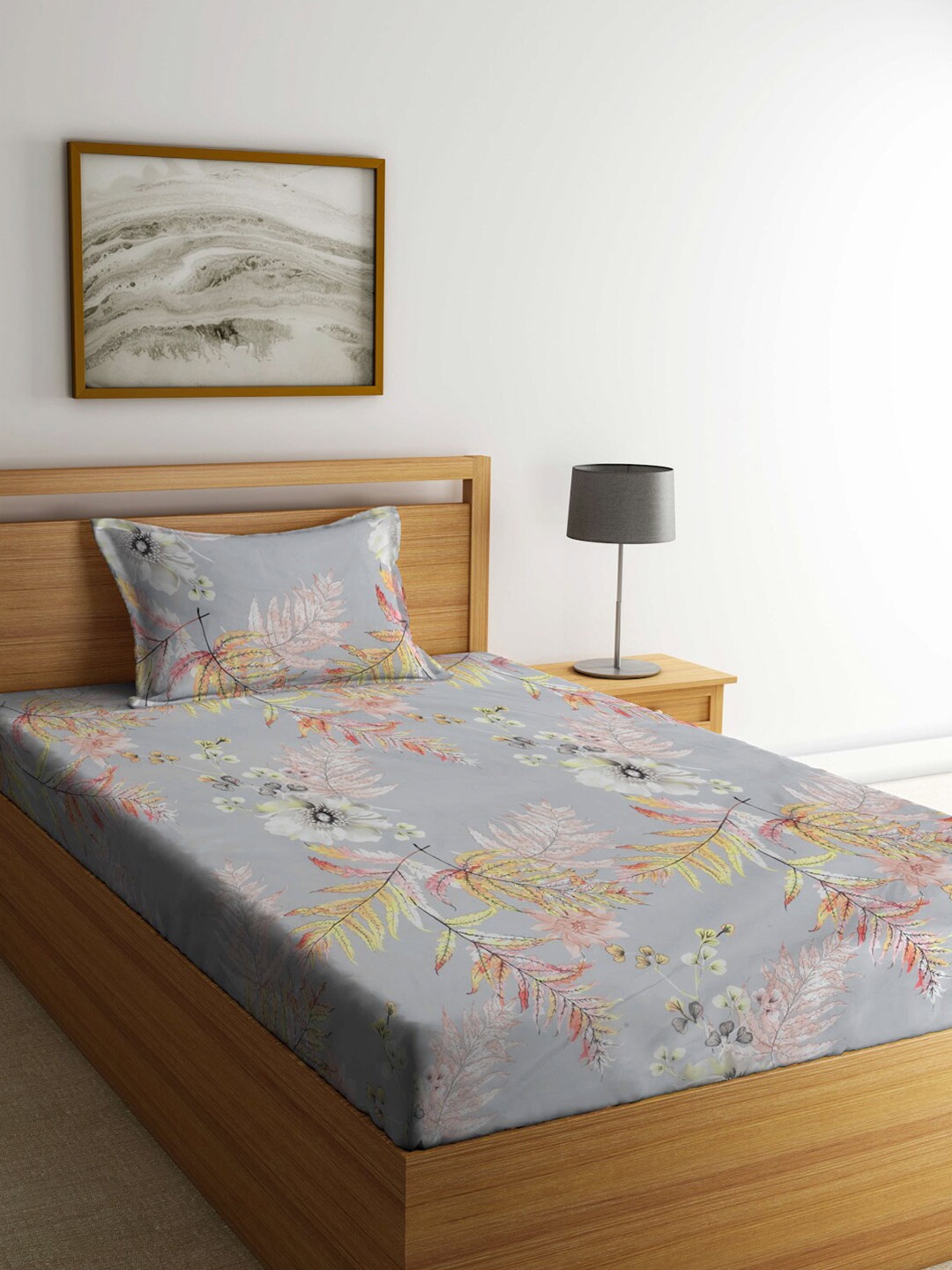 

FABINALIV Grey & White Floral 300 TC Single Bedsheet with 1 Pillow Cover