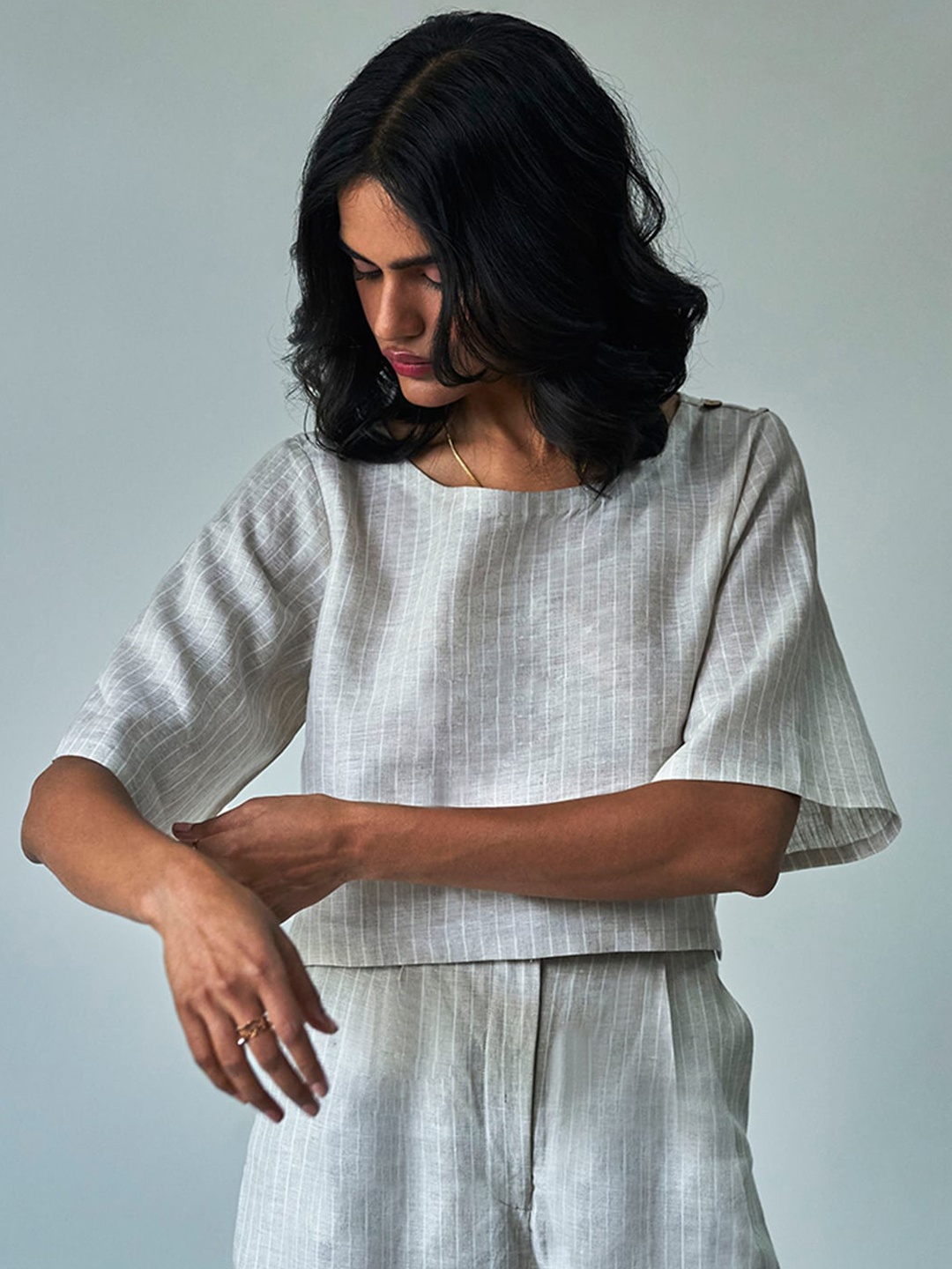 

Ganga Striped Linen Top & Palazzos, Cream