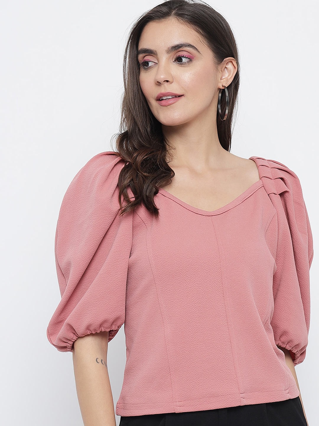 

BAESD V-Neck Puff Sleeves Pleated Top, Pink