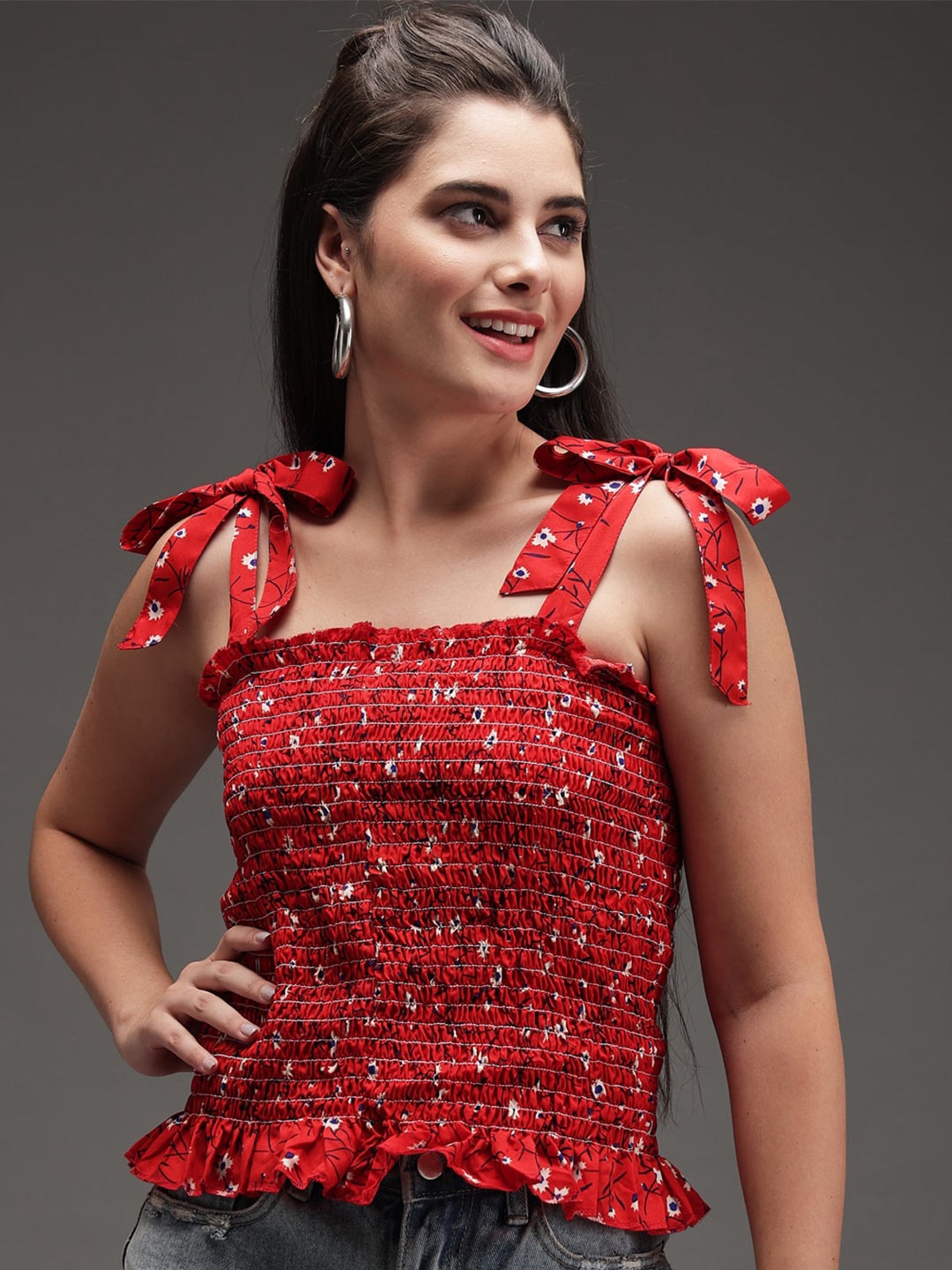 

BAESD Floral Printed Smocked Sleeveless Crepe Top, Red