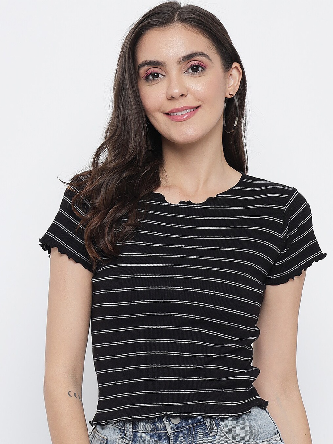 

BAESD Horizontal Striped Round Neck Top, Black