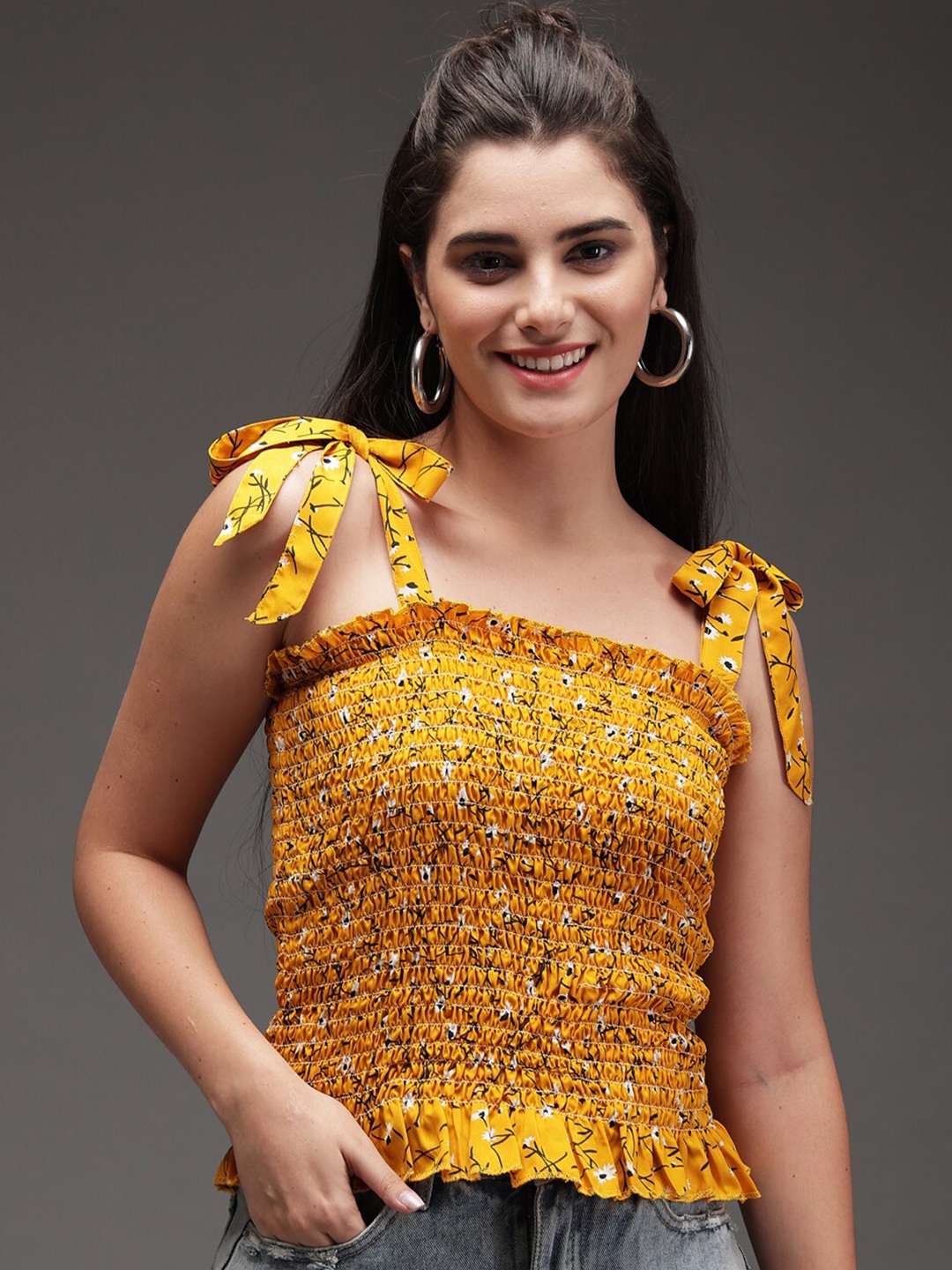 

BAESD Floral Printed Smocked Top, Mustard