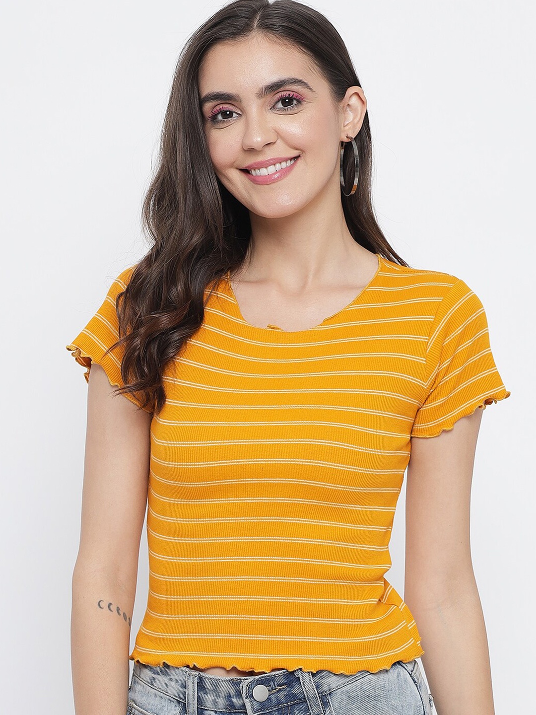 

BAESD Striped Ribbed Fitted Top, Mustard