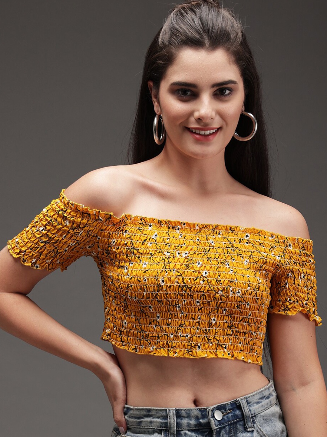 

BAESD Print Off-Shoulder Crepe Bardot Crop Top, Mustard