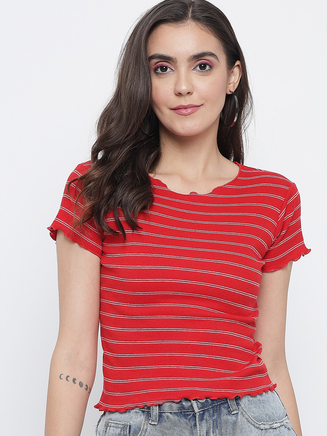 

BAESD Striped Round Neck Ribbed Top, Red