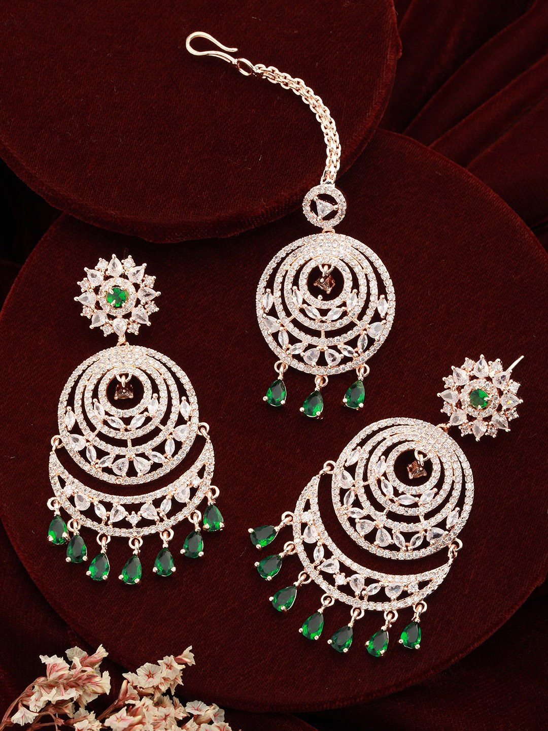 

Jazz and Sizzle Rose Gold-Plated American Diamond Studded Maang Tikka And Earrings Set