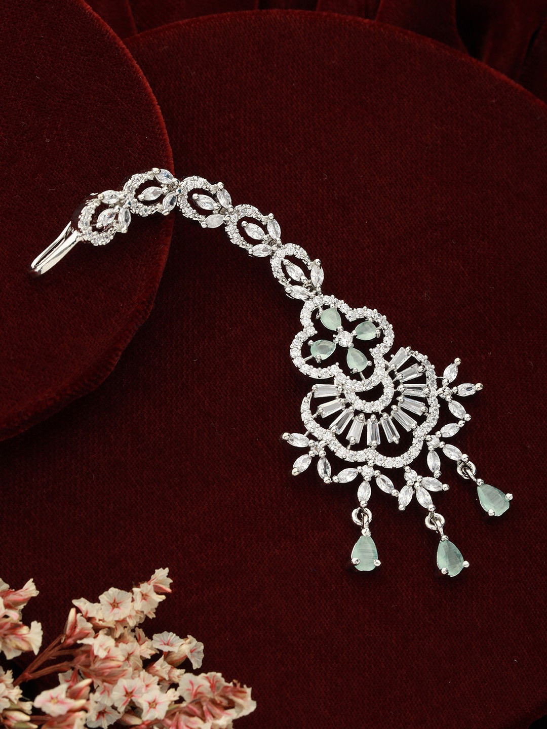 

Jazz and Sizzle Rhodium-Plated AD Stone-Studded & Beaded Maang Tikka, Silver