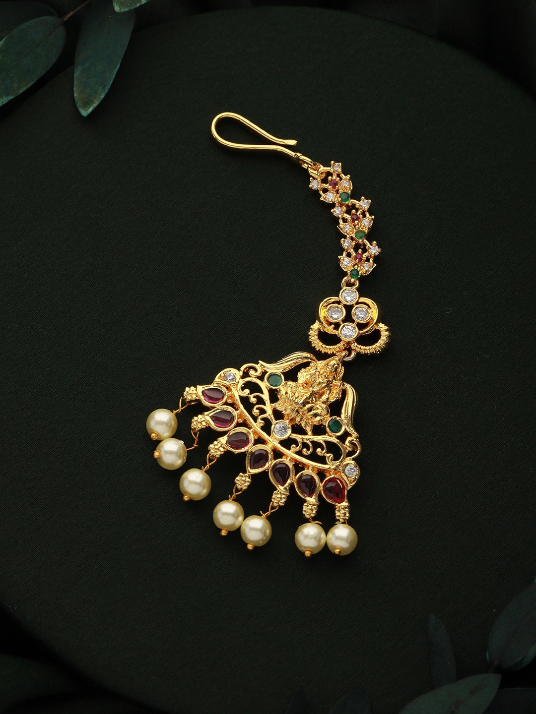 

Jazz and Sizzle Gold-Plated AD Studded & Pearl Beaded Lakshmi Maang Tikka