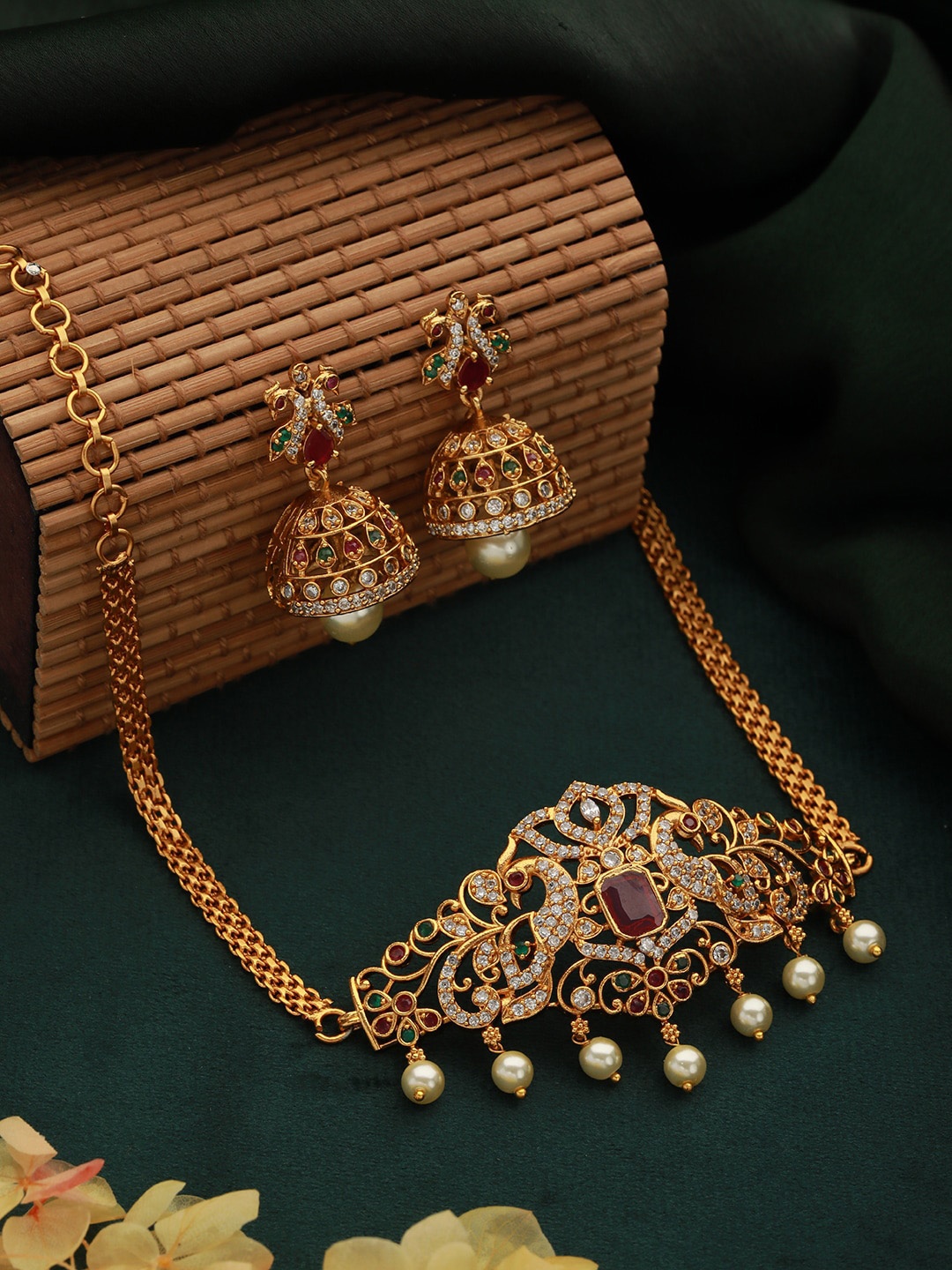 

Jazz and Sizzle 24K Gold-Plated AD Studded & Artificial Beaded Temple Jewellery Set