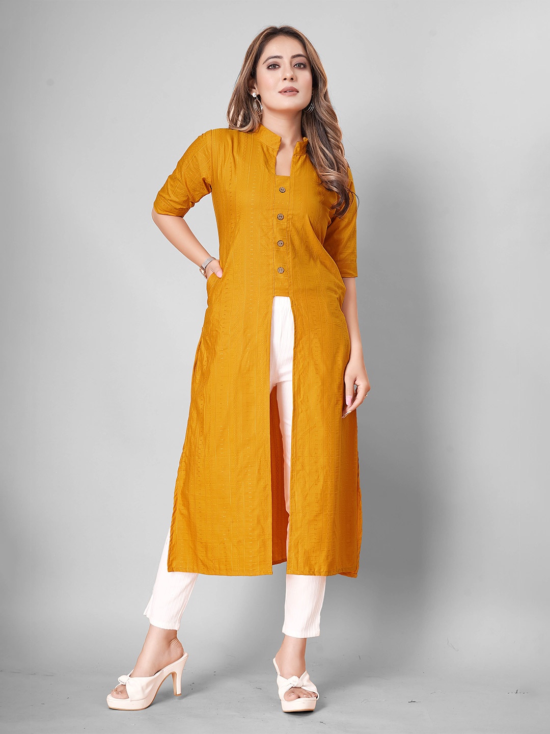 

WEAVETECH IMPEX Mandarin Collar Fusion Kurtas, Yellow