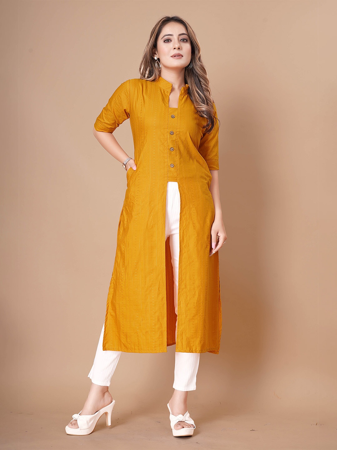 

WEAVETECH IMPEX Mandarin Collar Fusion Kurtas, Yellow