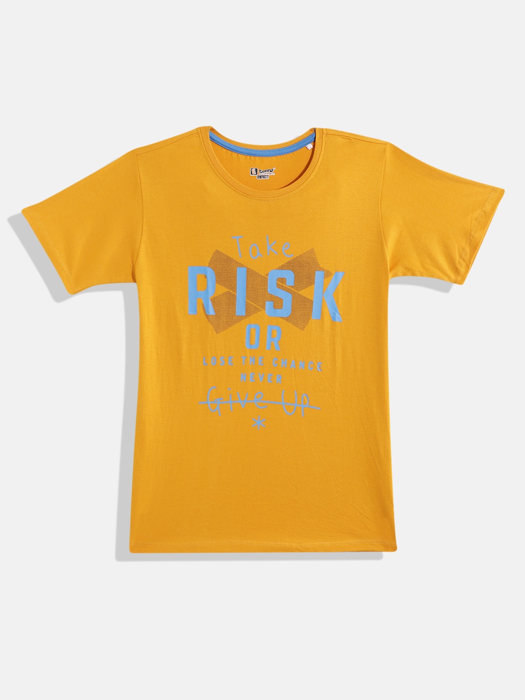 

Eteenz Boys Typography Eteenz Printed Pure Cotton T-shirt, Mustard
